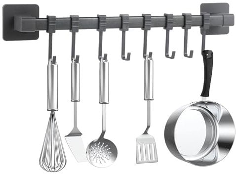 Wenrescry Patère de cuisine sans perçage, autocollante, noire, crochet mural mobile pour ustensiles de cuisine, ustensiles de cuisine, porte-couteaux, 8 crochets