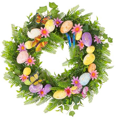 Osterkranz, Ostereier-Kranz, Osterkranz-Dekoration, Osterkranz mit Bunten Eiern für die Wanddekoration an der Haustür