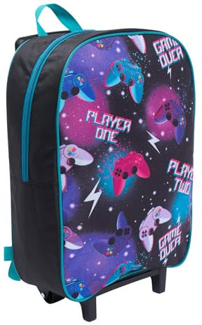 OHS Kids Backpack for Boys & Girls with Wheels Gaming Print, Waterproof Multi-Functional Design Trolley Backpack School Bag for Holiday Trips, Purple-40x25x20cm