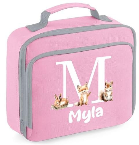Personalised Lunch Box Bag with Initial and Name for Girls 5 Different Design Styles (Pink Lunch Bag)