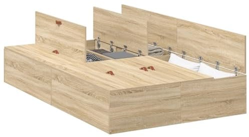 vidaXL Sonoma Eiche Bettgestell | 120 x 200 cm Massivholz Stylisches Multifunktionales Schlafzimmermöbel Einfacher Aufbau mit Schubladen Modern Holz Zeitgemäßes Erwachsenen
