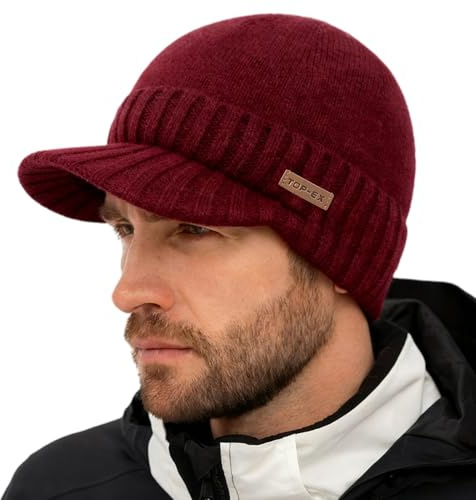 TOP-EX Herren Winter Mütze Wasserdicht Fleece Wollmütze Merino Wolle Beanie Hat Mit Schirm Strickmütze Men Damen Cap Winddicht Warm Women Haube Running Outdoor Sport Große Köpfe Rot M/L