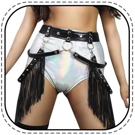 Evlry Halloween Ledergürtel mit Fransen, schwarz, Punk-Quastengürtel, Cowboygürtel, Rave-Accessoire für Damen