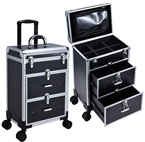 Kosmetik Trolley mit 2 Schubladen Friseurkoffer Groß Kosmetikkoffer Ngaelkoffer Make up Koffer mit 360° drehbare Rollen Schminkkoffer Abschließbarer Nageldesign Koffer Werkzugkoffer,Schwarz