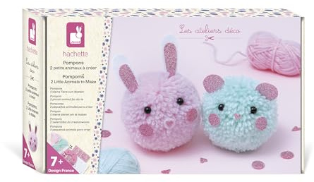 Janod – Bastelset 2 Pompons – 2 Wollknäuel + Filz + Aufkleber – Inklusive Werkzeuge zur Herstellung der Pompons – DIY-Aktivität Ab 7 Jahren