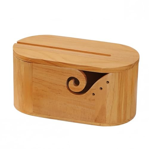 CenviaLuxy Wooden Yarn Bowl with Lid, Oval Crochet Wool Holder with 2 Holes Curly Design for Knittings Lovers, Prevent Tangling and Slipping