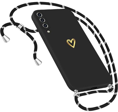Handykette Hülle für Samsung Galaxy A50 Hülle mit Band Necklace, Herz Muster Handyhülle für Samsung Galaxy A50 Cover mit Kette Kordel zum Umhänge Band Ultradünn für Samsung A50 Silikonhülle (Schwarz)