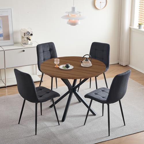 HJhomeheart Esstisch- und Stuhlset, 4 Cord mit Hoher Rückenlehne und EIN 100 cm Langer Moderner Runder Esstisch, Geeignet für Küchen, Esszimmer und Wohnzimmer (Dunkel + Schwarz)