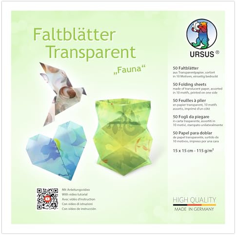 Ursus 3806 55 17 - Faltblätter Transparent Fauna, 50 Stück, 15 x 15 cm, 115 g/m² Transparentpapier in 10 Motiven, einseitig bedruckt, Faltpapier zum Basteln, DIY & Deko