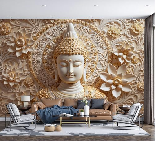 DACRWEKZ Style Zen Statue de Bouddha avec relief de lotus Papier Peint 3D Installation Facile Soie Tapisserie Bureau Salon Canapé Chambre Décoration Murale - 200x140cm - Or