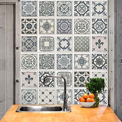 WALPLUS 10cm24pcs Blue Azulejo Mosaic Wall Tile Stickers Peel and Stick Backsplash Self-Adhesive Decals Home Decor Living Room DIY Splashbacks Spring Easter Decoration Tile Paint Stick on Tiles Idea