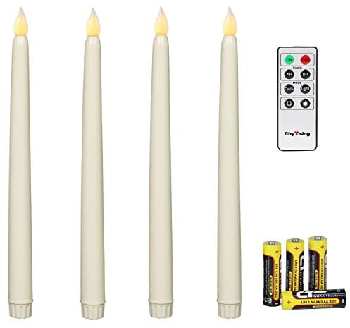 Rhytsing Set di 4 Candele a Led Bianco Coniche con Telecomando e Batterie, Natale Decorazione Luminosa Uso Interno H 27,5cm