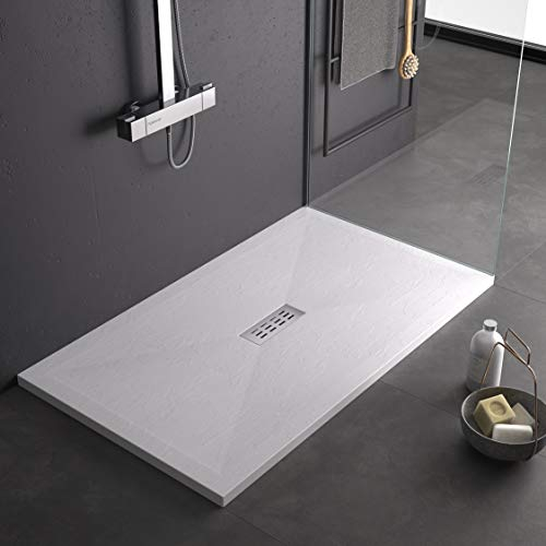 Piatto doccia bianco 80x120 in marmo e resina, effetto pietra, slim 3cm con massa piena e Gelcoat