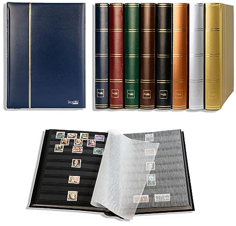 Prophila Collection 64 Schwarze Seiten Briefmarkenalbum Einsteckbuch wattierter Blauer Einband