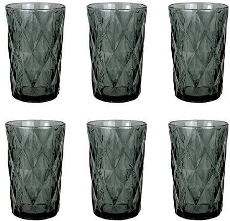 Vintage 6er-Set Farbige Weingläser und Trinkgläser mit Diamant Muster (Rombus) Longdrinkgläser, Cocktail Gläser mit Prägung, Glas, Trinkglas, Weinglas, Wasserglas, Glaskelche (Grau Trinkglas)