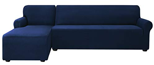 subrtex Sofabezug L Form Stretch Sofahusse Ecksofa Elastisch Eck Stretch-Sofabezug Eckcouch überwurf Weich Stoff Abwaschbar (Links 2 Sitzer, Dunkelblau-1)