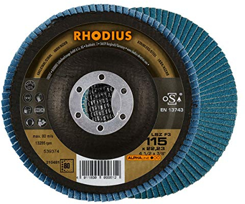 RHODIUS LSZ F3, 10 Stück Ø 115 mm K80 Fächerscheiben, Made in Germany, Metall Schleifscheibe für Winkelschleifer, Lamellenscheibe, Fächerschleifscheiben