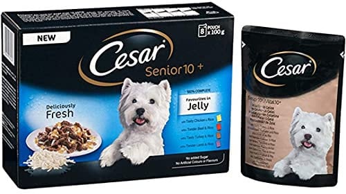 Pet Things Cesar Senior 10+ Deliciously Fresh Dog Pouches Mixed Selection In Jelly 12x100g (Pack of 4)