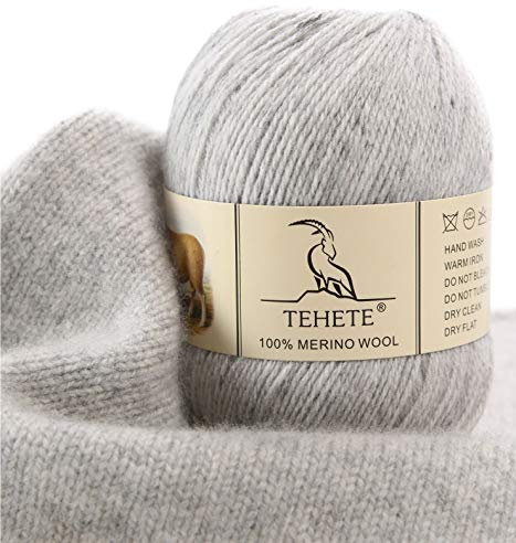TEHETE 100% Merinowolle Garn zum Stricken, Häkelgarn Schurwolle, 250 Metern 3-fädig 50g per Knäuel,weich und seidig,Grau