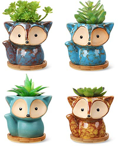 4 Pièces Pots de Fleurs en Céramique de Dessin Animé Mignon avec Trou de Vidange et Plateau en Bambou pour Décoration de Table Bureau Maison, 1,8 Pouces de Diamètre (Fox Style)