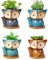 4 Pièces Pots de Fleurs en Céramique de Dessin Animé Mignon avec Trou de Vidange et Plateau en Bambou pour Décoration de Table Bureau Maison, 1,8 Pouces de Diamètre (Fox Style)