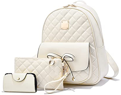 EVEOUT Damen Rucksack PU Leder Lässiger Tagesrucksack zum Reisen Schule Arbeit Schultertasche Rucksack Set(Stil 2 Weiß)