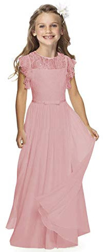 Boho Lange Kinder Spitzenkleid Chiffon Kleid mit Gürtel und Kurzen Butterfly-Ärmeln/Chic A-Linie Kommunionkleider Brautjungfern Kleider Blumenmädchenkleider für Mädchen (Rosa,4-5 Jahre)