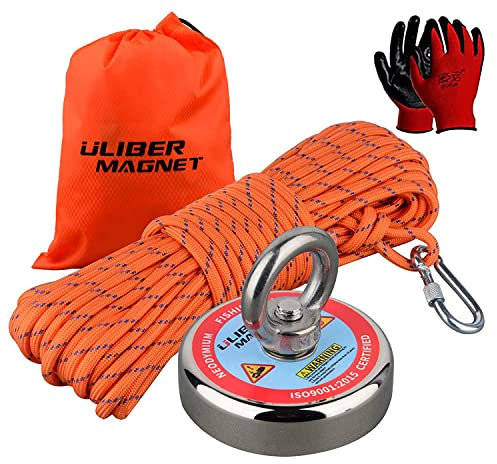 ULIBERMAG Starke Magnete aus Neodym, 180 kg, mit 20 m Nylonseil und rutschfesten Handschuhen für Magnetangeln, Recycling, Schatzsuche im Fluss, See ..
