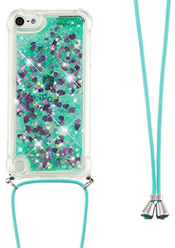Handykette Handyhülle für iPod Touch 5/6 / 7 Hülle,Glitzer Quicksand kreatives Fließende Flüssigkeit schwimmt Silikon Case mit Umhängeband Handykordel Band Kette für iPod Touch 5,GS Green Heart