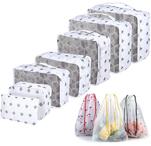 Sciphylia Organisateur Valise Lot de 10 Organisateur de Voyage de Rangement Imperméables Pochettes de Rangement pour Vêtement Chaussures Sous-vêtements Cosmétiques Sacs pour Femmes Hommes Cactus Blanc