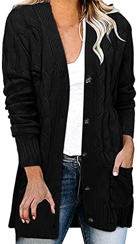 Damen Cardigan Langarm Button Down Strickjacke Herbst Winter Casual Strickcardigan Open Front Sweater mit Taschen (#01D-Black, XL)