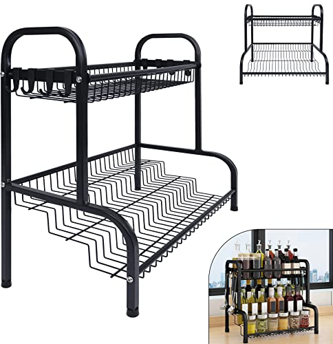 Froadp Gewürzregal 2 Entagen Metall Gewürzständer mit 8 Haken Küchenregal Stehend Organizer Gewürzhalter 42.5x25.5x41cm Multifunktionale Regale für Küche Schränke Arbeitsplatten Badezimmer