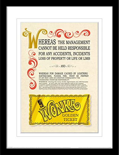 Charlie and the Chocolate Factory Gerahmter Kunstdruck in schwarzem Bilderrahmen, Collector Edition (Golden Ticket Design) Willy Wonka gerahmt, 30 x 40 cm Rahmen, offizieller Merchandise-Artikel
