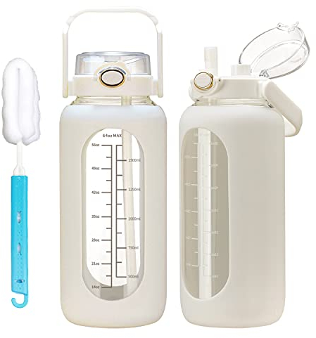 chunmo 64oz Glass Water Bolttles with Straw Half Gallon Large Motivational Water Bottle with Time Marker Sports Water Bottles with Silicone Sleeve and Handle Lid Water Jug for Gym Workout