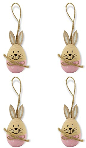 Holz Hase auf Ei rosa - Frohe Ostern 6 x 7,5cm 4 Stück Deko-Hänger Osterhase Osterei Anhänger