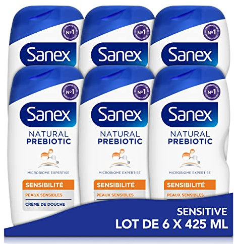 SANEX-Natural Prebiotic Peau Sensible- Gel douche formule Crème- Nettoie en Douceur - Minimise Risque d’Irritation* - Complexe Prébiotique & Postbiotique - Testé Dermatologiquement - Lot de 6 X 425mL