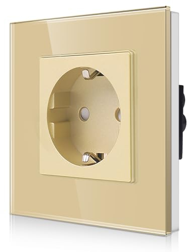 CNBINGO Enchufe individual de cristal empotrado, color dorado, enchufe Schuko con protección para niños, 16 amperios, enchufe de pared con marco de cristal