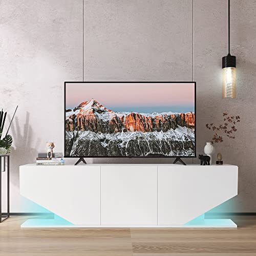 BTM LED TV Stand, TV Cabinet with LED Lights, 3 Storage Cabinet and 2 Open Shelve, High Gloss TV Stand Cabinet for 65 Inch TV