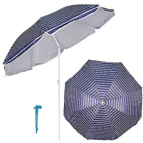 Etrexonline Sombrilla de playa Plegable, Inclinable, Protección Solar, Incluye Bolsa de Viaje Soporte Percha - Azul Blanco 200cm