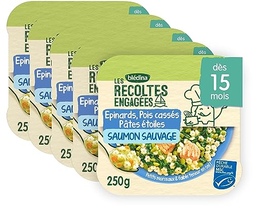 Blédina Les Récoltes Engagées - 5 assiettes d'Epinards, Pois cassés, Pâtes étoiles et Saumon Sauvage - Repas pour bébés dès 8 mois - Lot de 5 assiettes de 250g