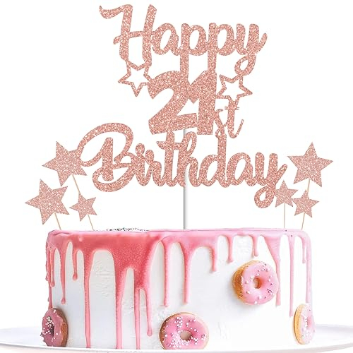 Gidobo 21st Birthday Cake Toppers, Rose Gold Glittery Cake Decorations with Stars, Twenty-One Years Old Birthday Party Supplies for Women