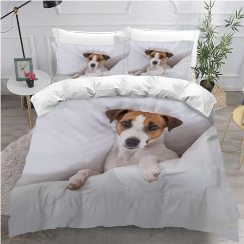 Bettwäsche 135x200 Jack Russell Terrier 3D Bettwäsche-Sets Tier 3 Teilig Weich Mikrofaser Bettbezug Set mit Reißverschluss + 2 Kissenbezüge 80x80 cm A1376