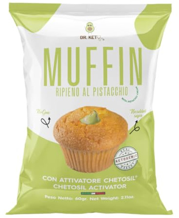 DR.KETO MUFFIN AL PISTACCHIO RIPIENO DI CREMA AL PISTACCHIO - Muffin Chetogenico Con attivatore Chetosil™ a base di Olio MCT (Box da 10 pezzi da 60g)