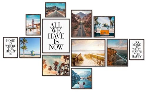 PHOTOLINI dunkel Eiche Bilderrahmen Set verschiedene Größen, 12 Bilderrahmen braun Holz MDF, Bilder Rahmen mit Acrylglas, Bilderrahmenset zum Aufhängen, Fotorahmen Set mit Zubehör für Fotos & Poster