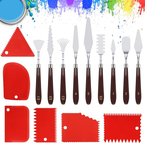 Hejo 15 Pezzi Set di Spatole per Pittura Acrilica, 9 Coltelli per Tavolozza in Acciaio inox, 6 Coltelli per Raschiare, Spatole per Colori per Pittura a Olio, Acquerello, Petroglifi.