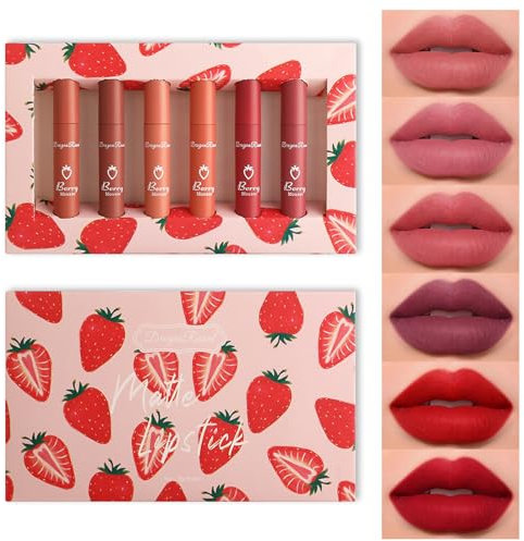 6 Farbe Matte Lippenstift Set Erdbeer Matte Lipgloss Set Wasserdichte Lippen Tint Langanhaltendes Nudetöne Flüssiger Lippenstift Set Feuchtigkeitsspendende Lipstick Lip Make-up (Set B)