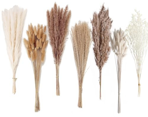 128 flores secas de hierba de las pampas con cola de conejo, ramo de hierba de caña para boda, bohemio, decoración de mesa para el hogar, fiesta de granja rústica