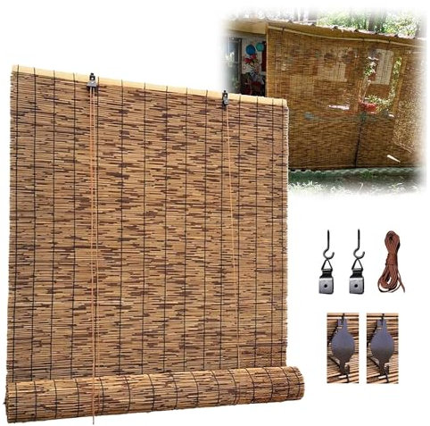 NEFMUKJ Custom Made Natural Bamboo Roller Blinds Reed Blinds for Windows 52 62 72 82 92 102 112 122 132 142 152 162cm Retro Bamboo Shades for Patio Indoor/Outdoor Porch Privacy-Brown, HYXSM