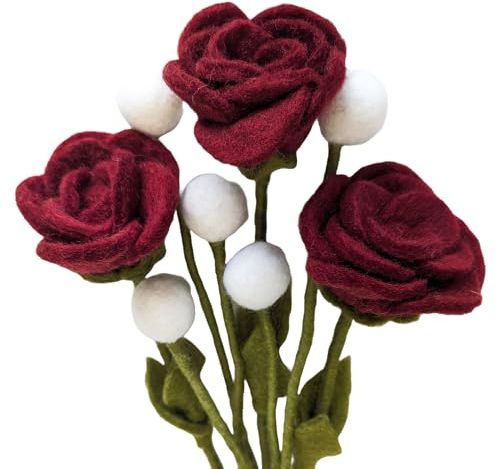 your castle Filzblumen-Strauß aus 3 roten Rosen & 5 weißen Filzblumen, fairer Handel, nachhaltige Filz Deko, realistische Kunstblumen, Stoffblumen, Filzblumen-Set