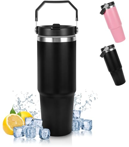 flintronic Thermobecher, 900ML Trinkbecher mit Deckel und Strohhalm, Doppelwandige Edelstahl Wasserflasche mit Griff, Auslaufsichere Isolierbecher für Kaffee, Tee, Warme und Kalte